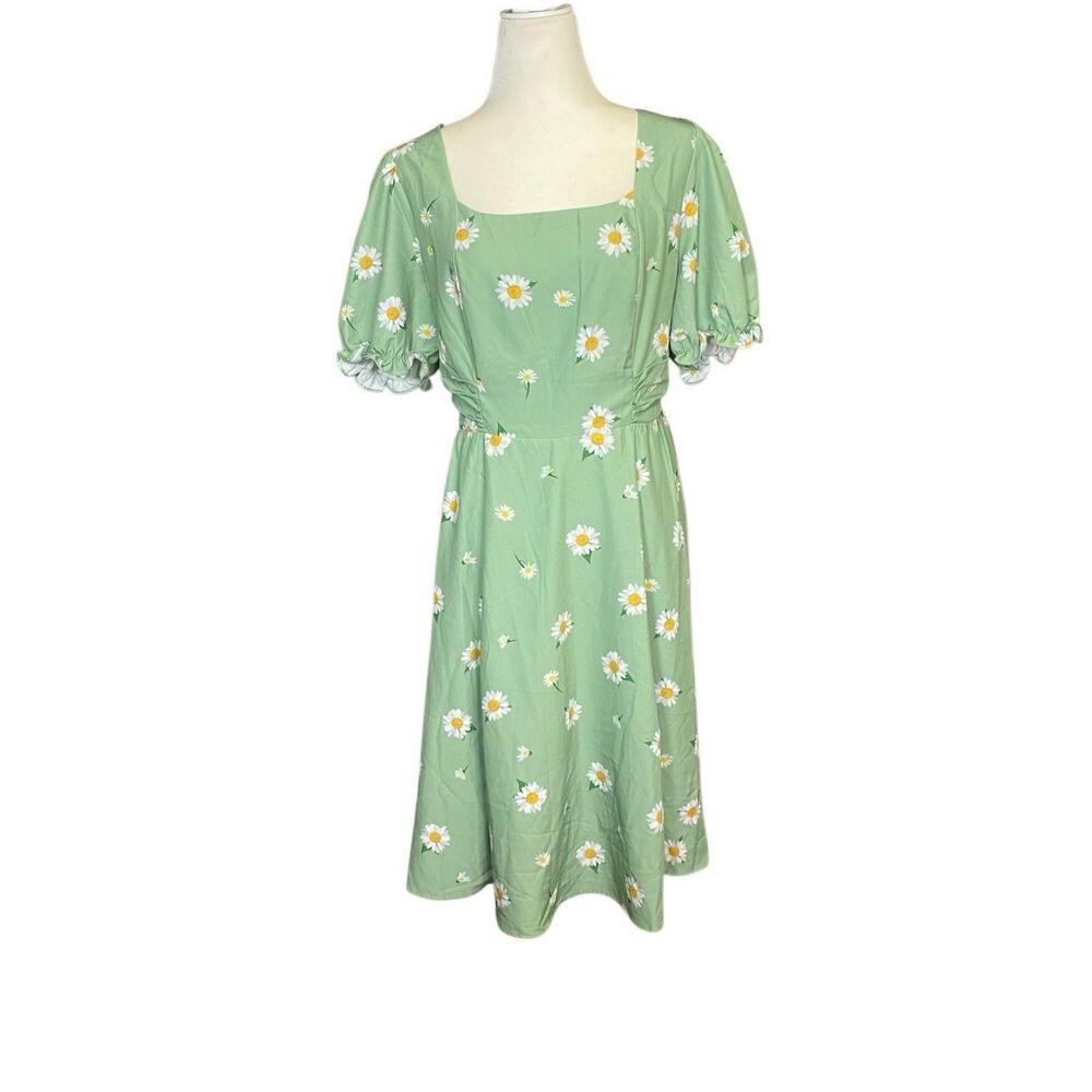Belle Poque A Line Fit & Flare Green Daisy Midi Dress Womens XL Pockets Smocked - Picture 9 of 9